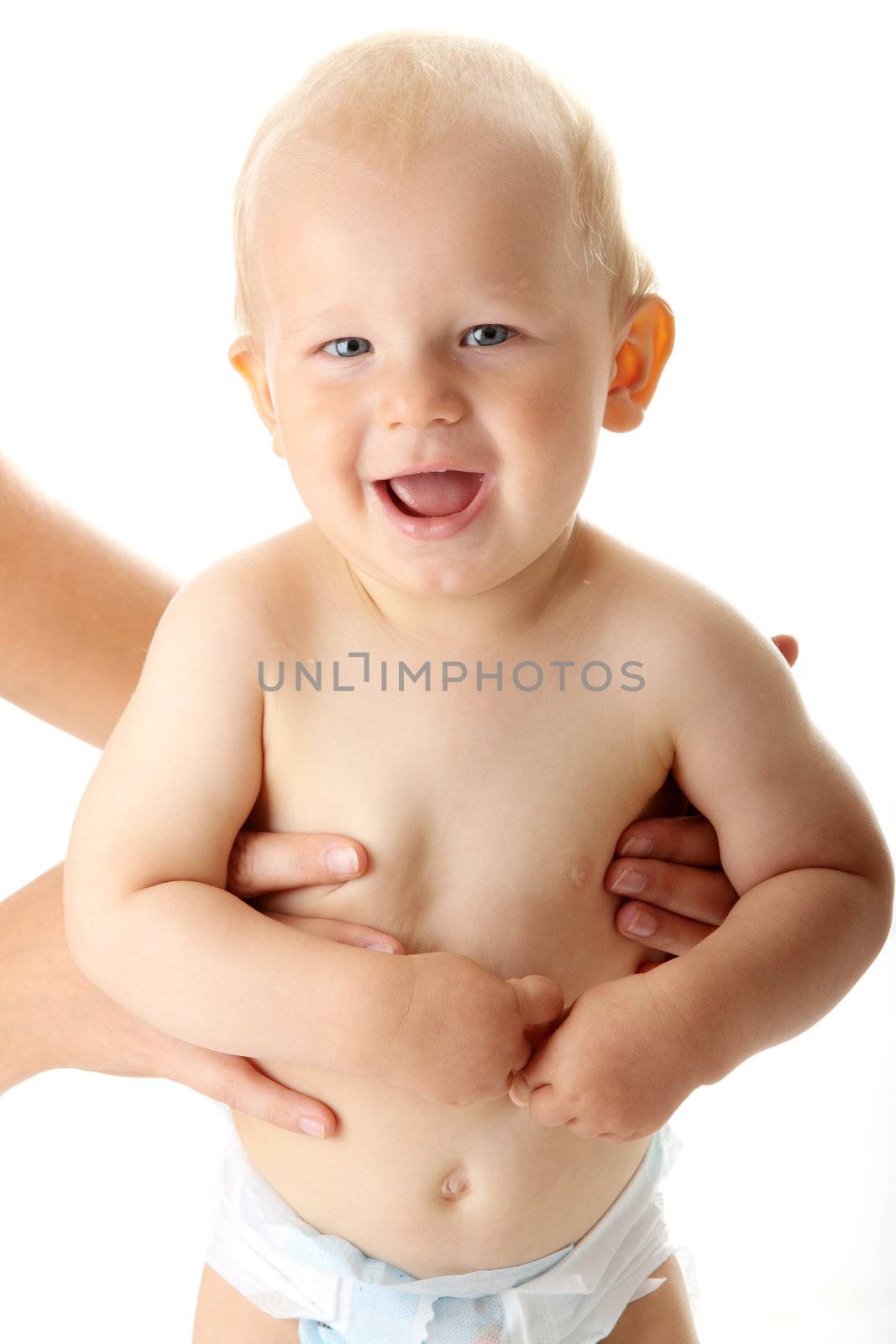 Bright closeup portrait of adorable baby isolated