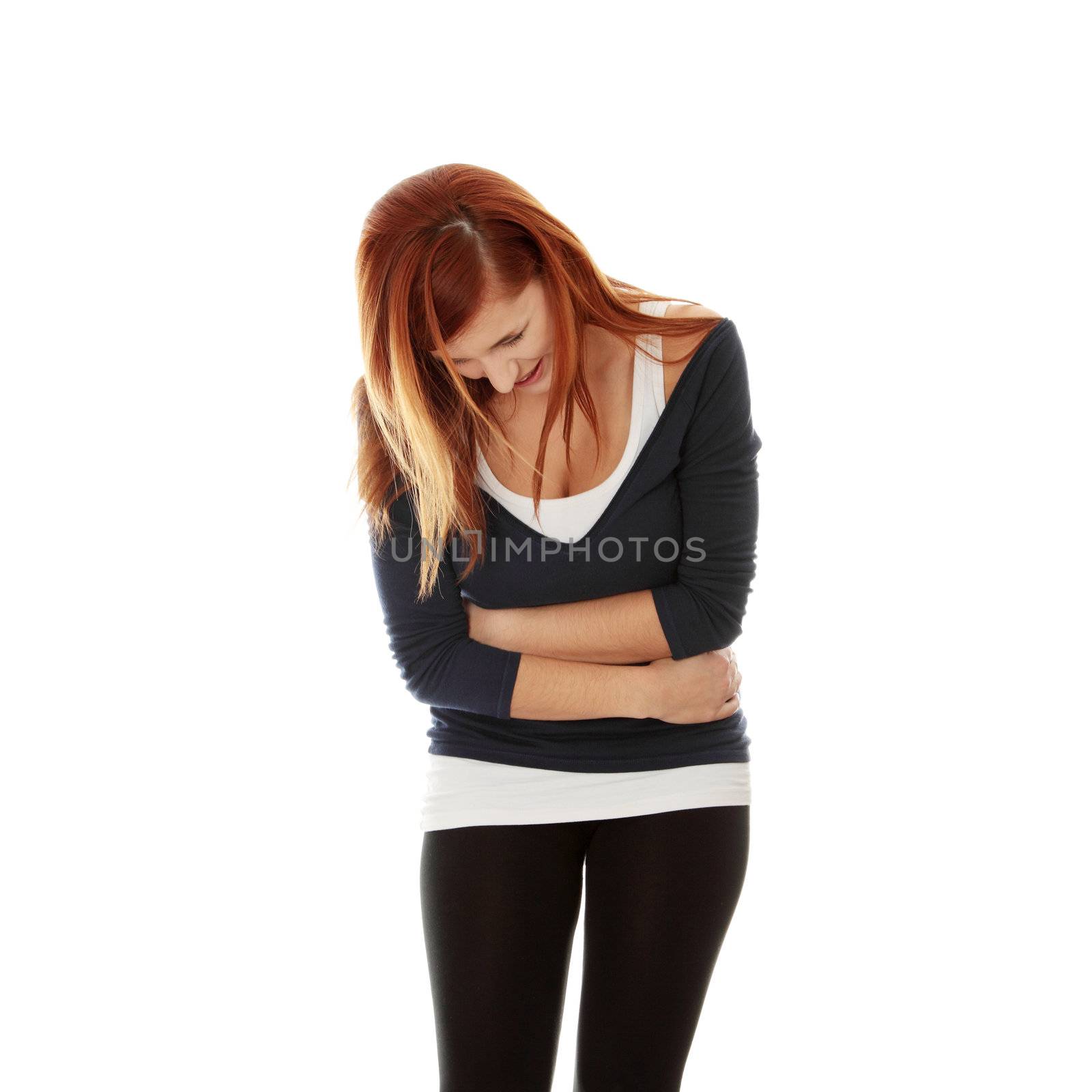 Woman with stomach issues,isolated on white