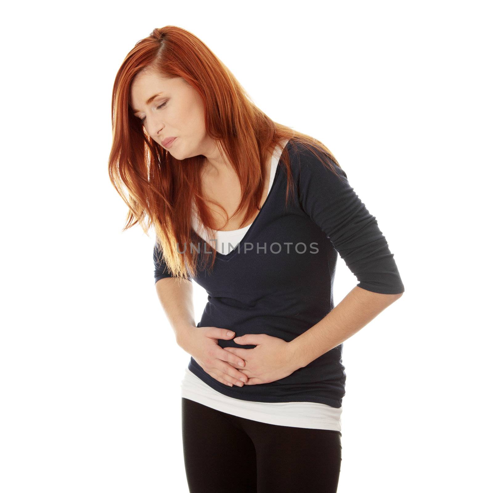 Woman with stomach issues,isolated on white