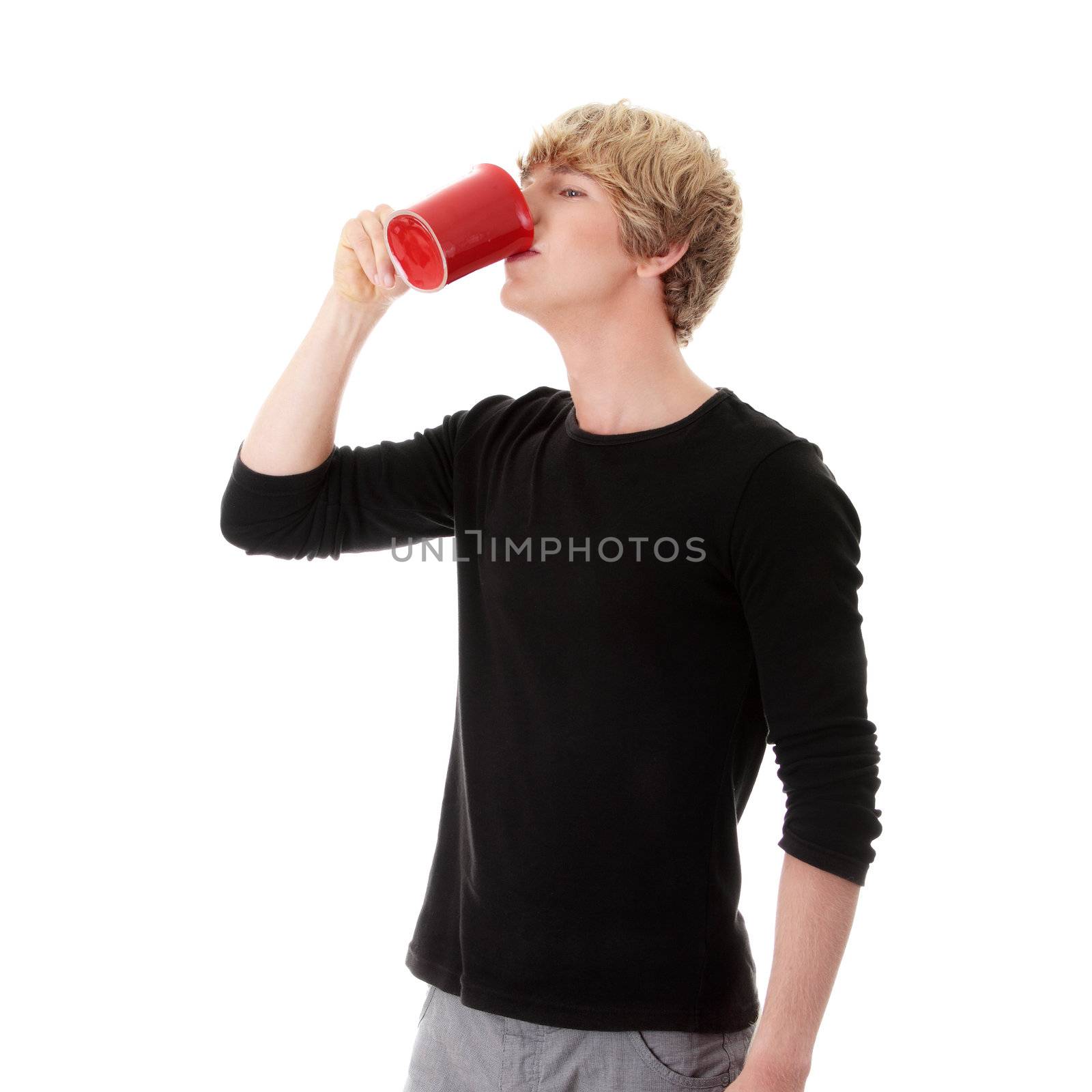 Man drinking a coffee or tea isolated on white background
