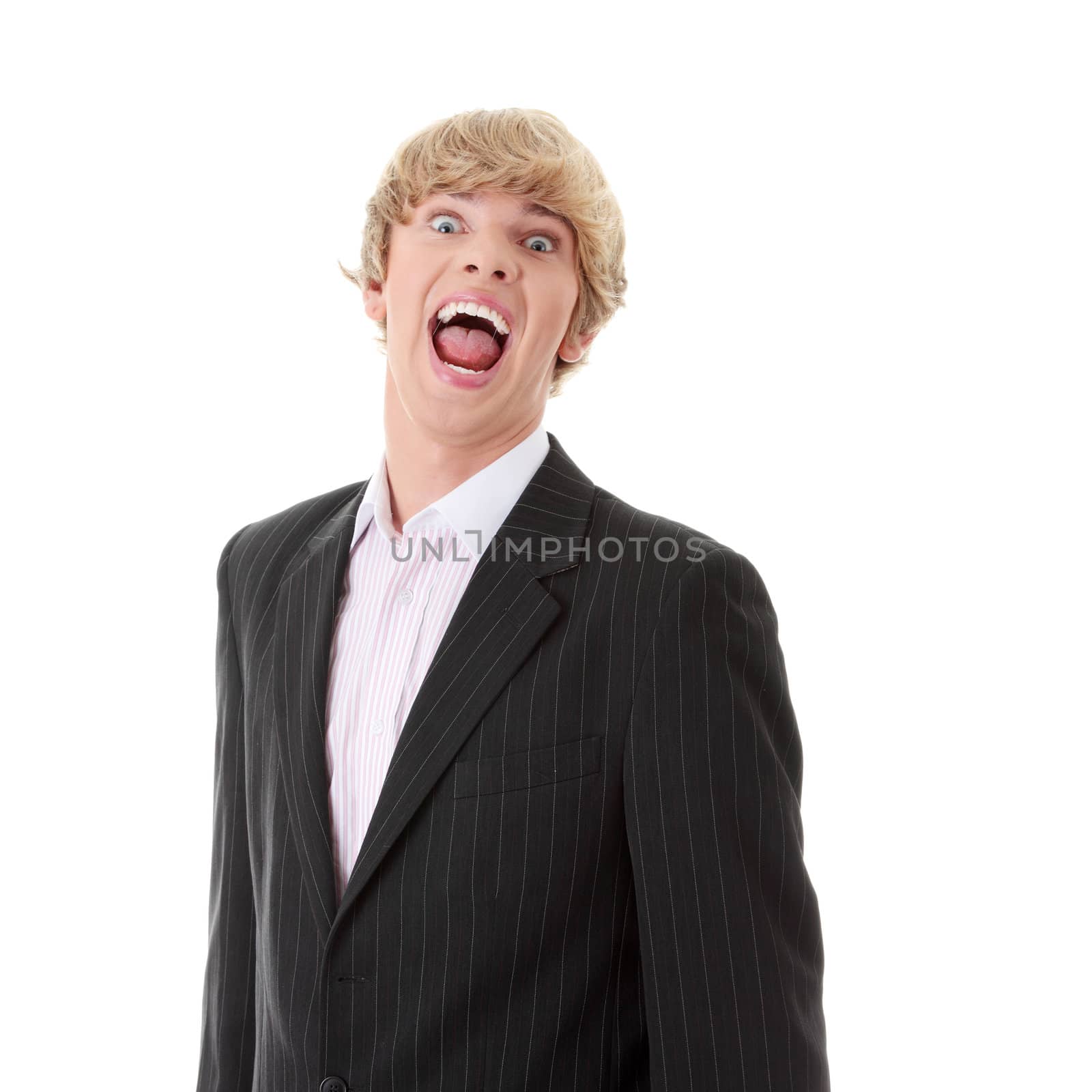 Frustrated young businessman, isolated on white background