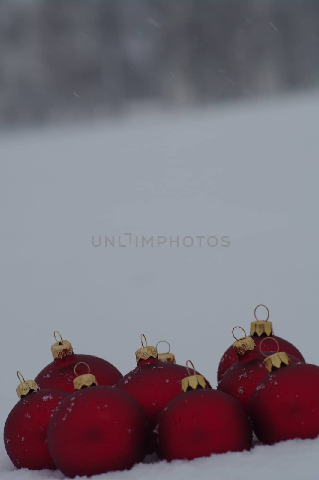 a red bauble in snowy lwinter andscape