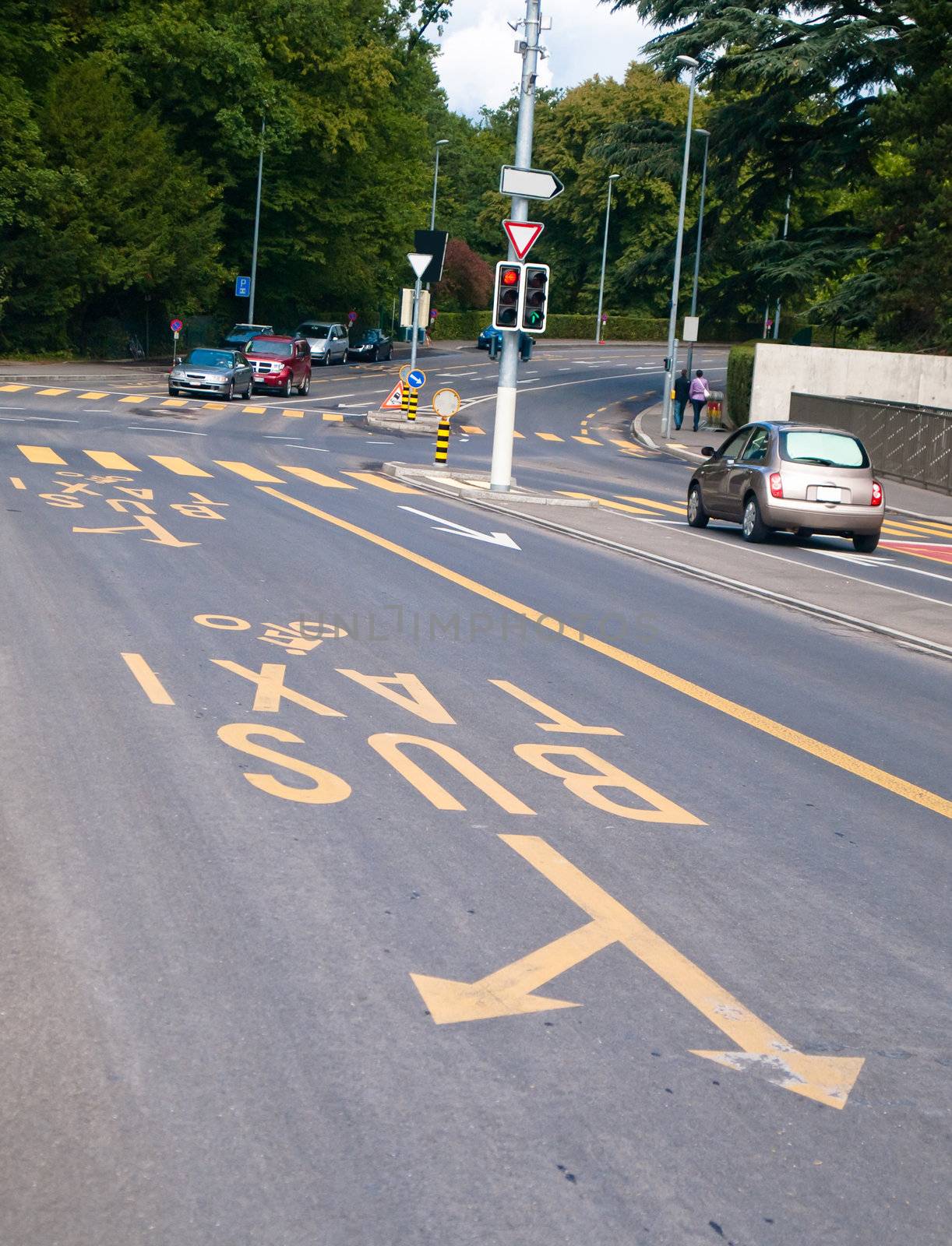 Bus, taxi and bicycle lane in a European city