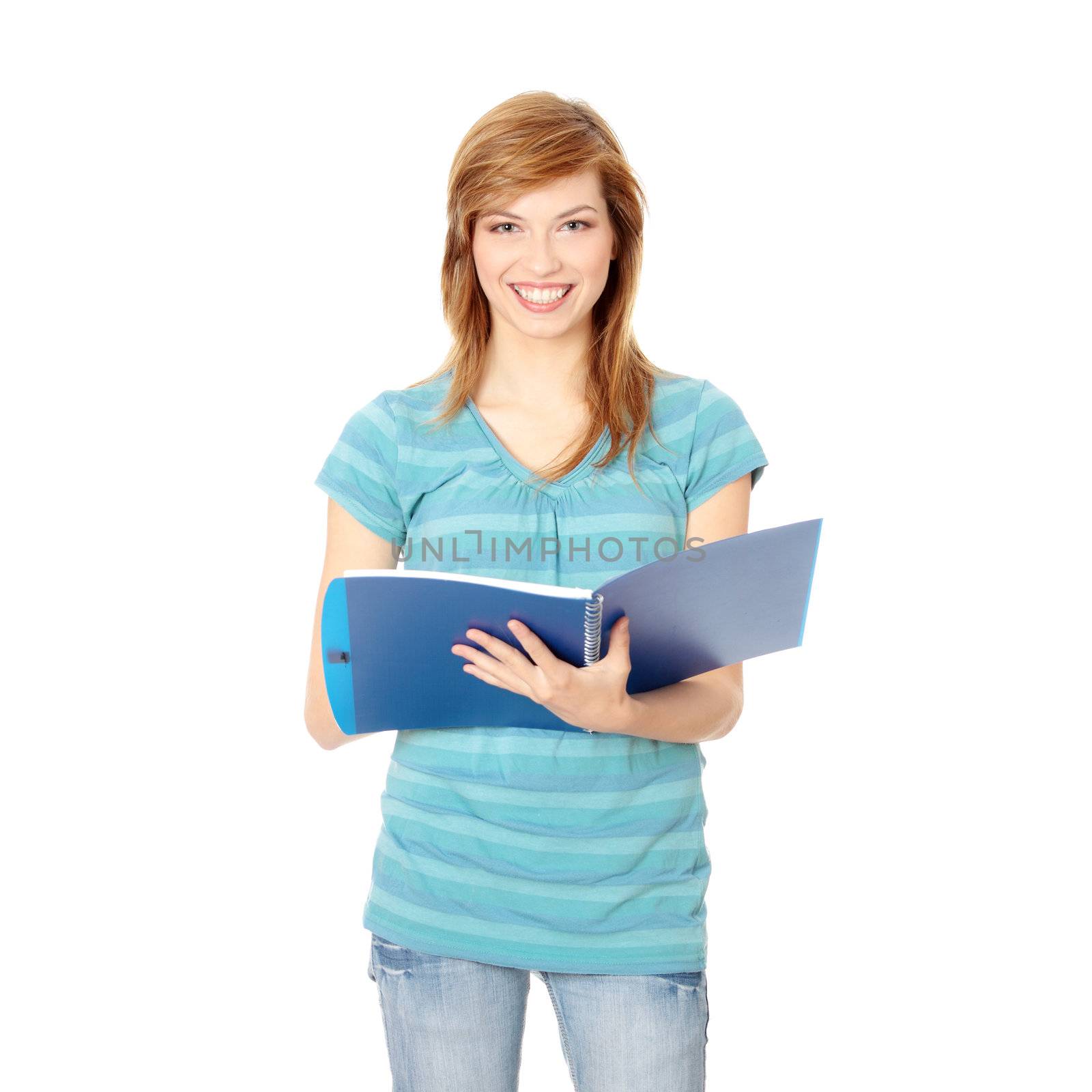 Happy student girl isolated on white background