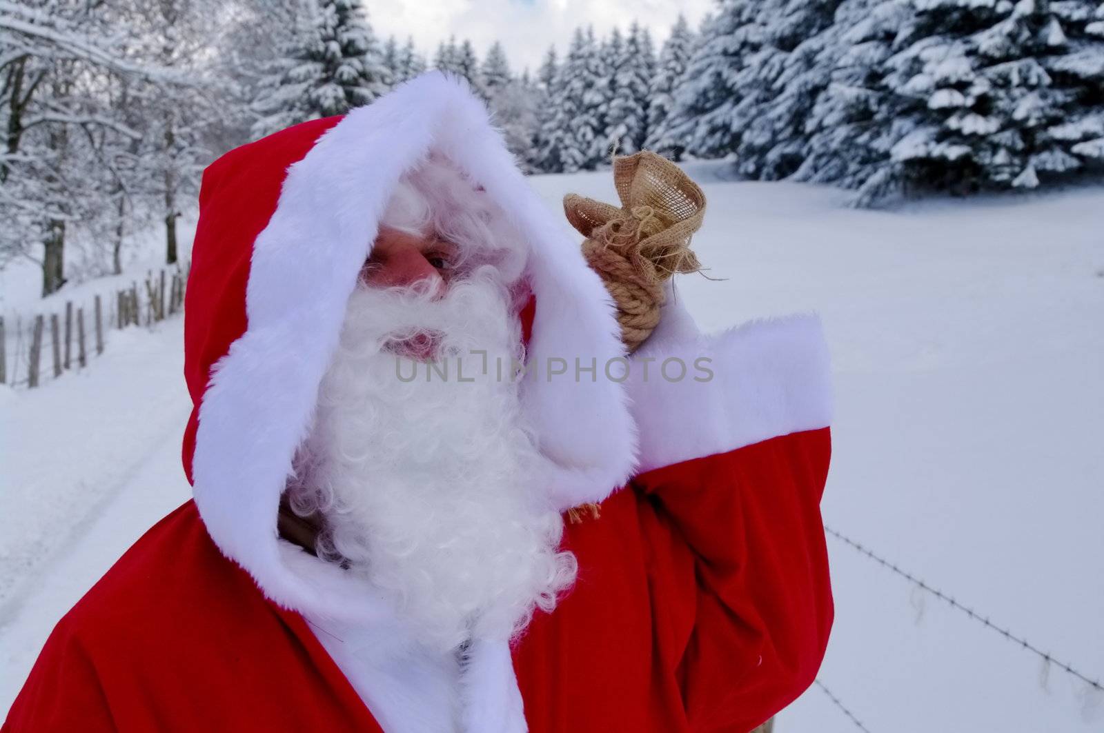 Santa Claus, Father Christmas in a beautiful winter landscape