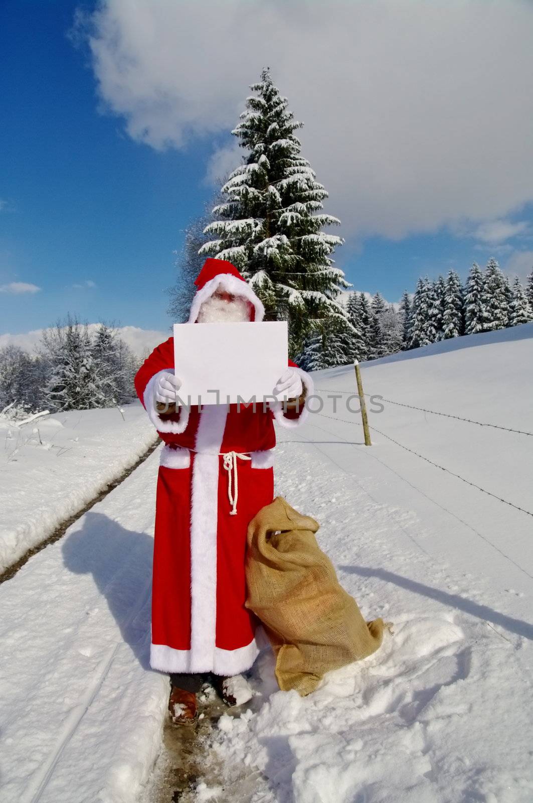 Santa Claus, Father Christmas holding blank sign