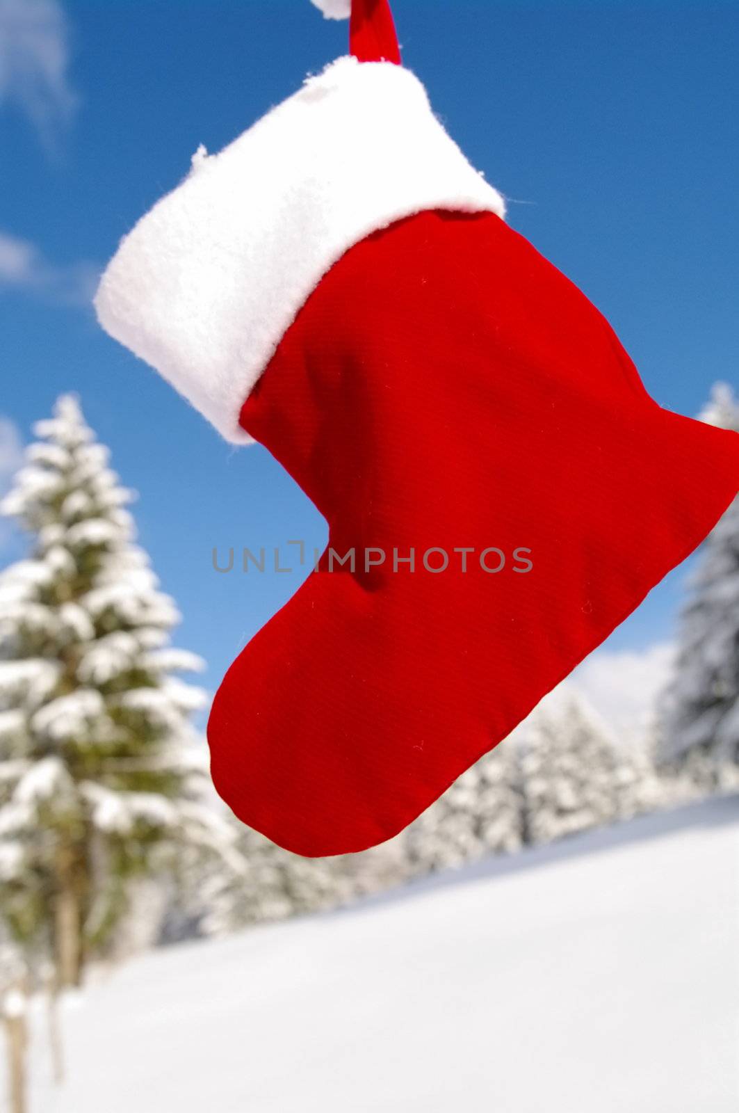 a red bauble in a winter landscape