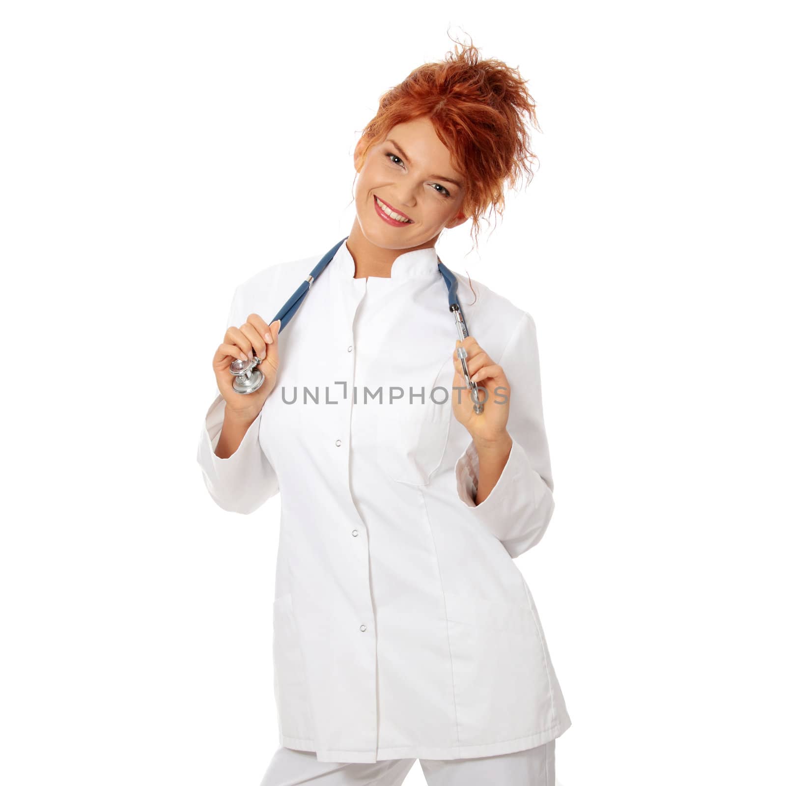 Smiling medical doctor or nurse. Isolated on white background