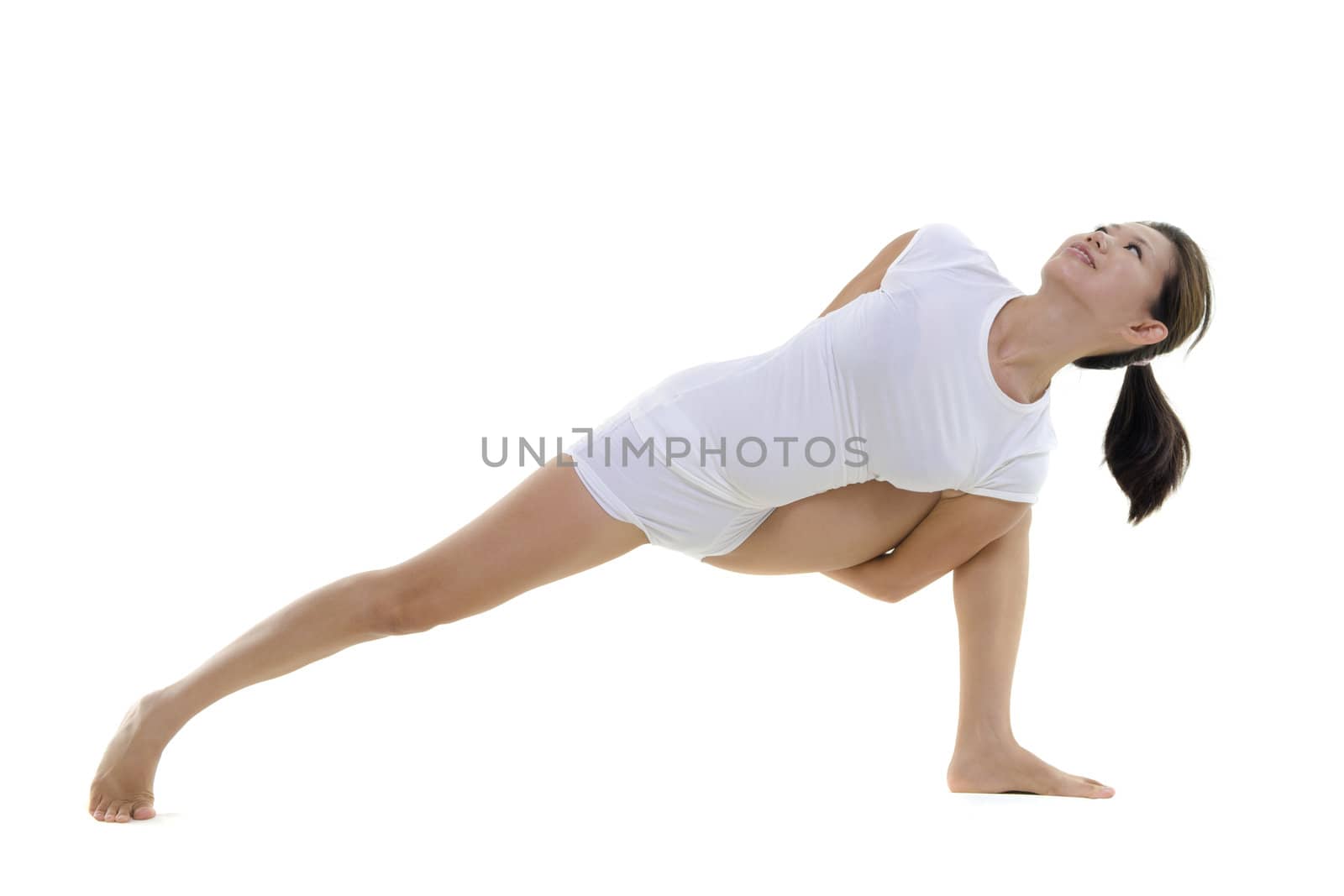 Woman in yoga, Side Angle Pose Sequence (Nirlamba Parsvakonasana), on white background
