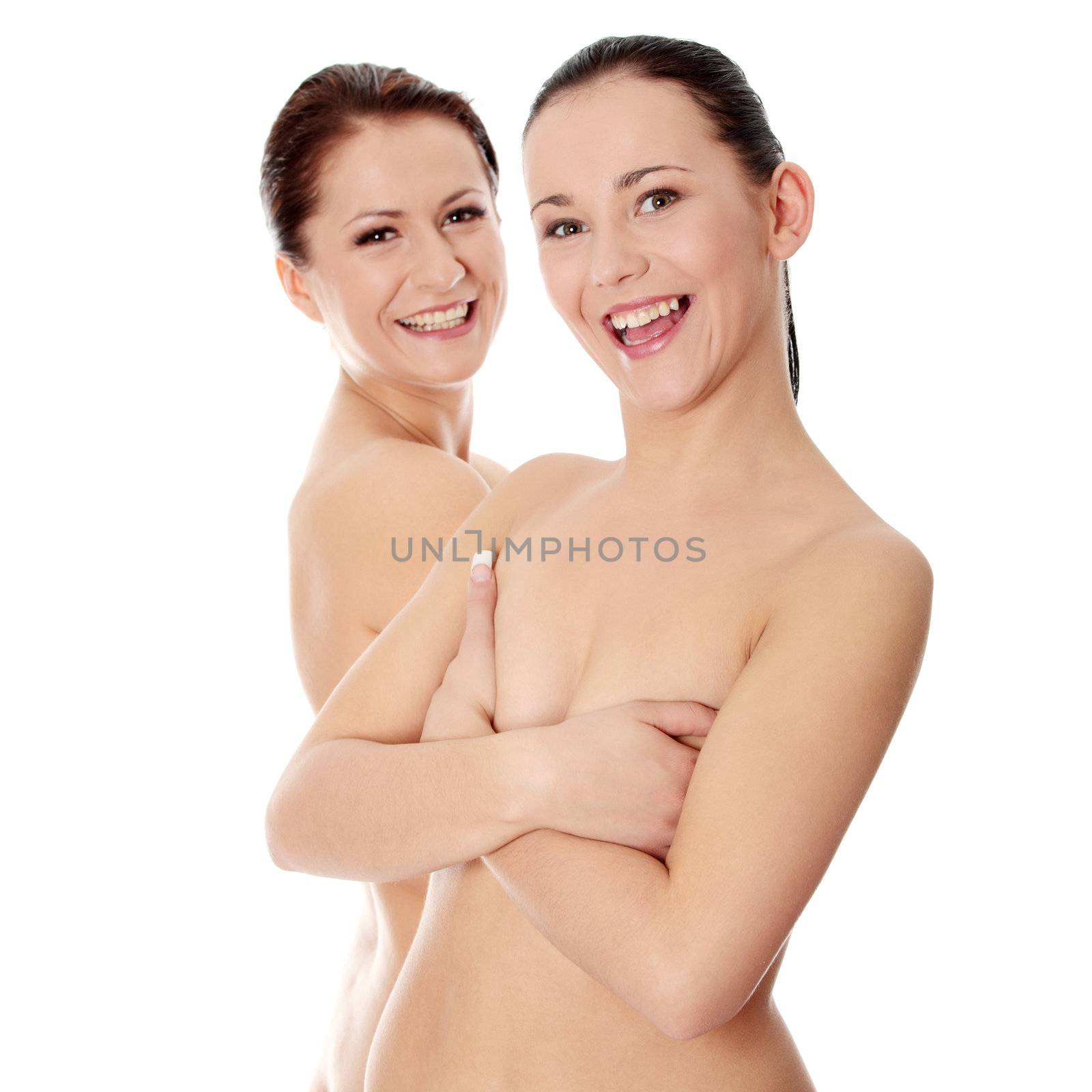 Portrait of a two beautiful sexy young women - Isolated on white