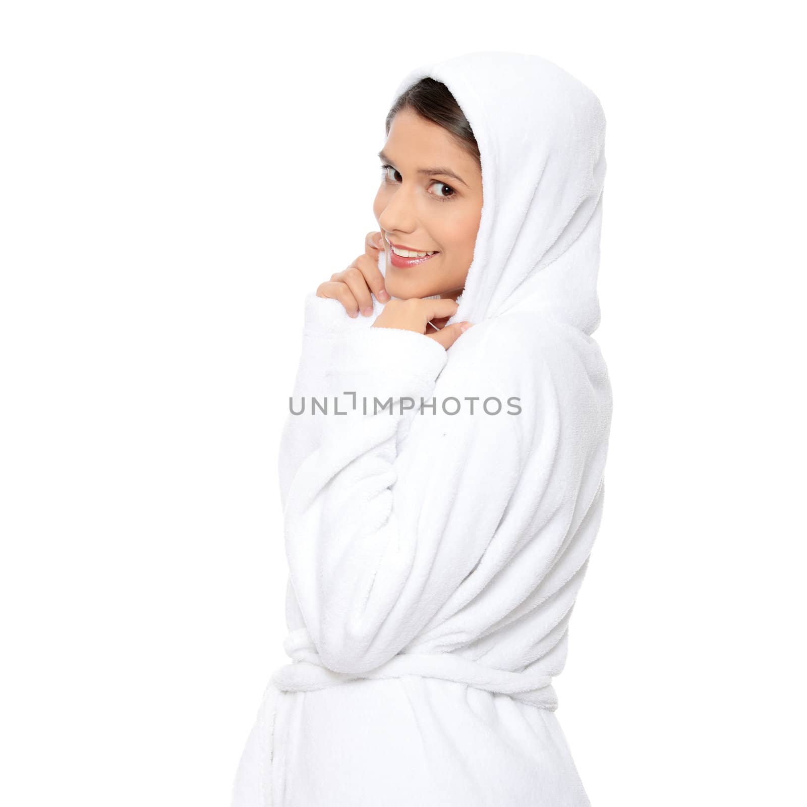 Young beautiful happy woman in bathrobe by BDS