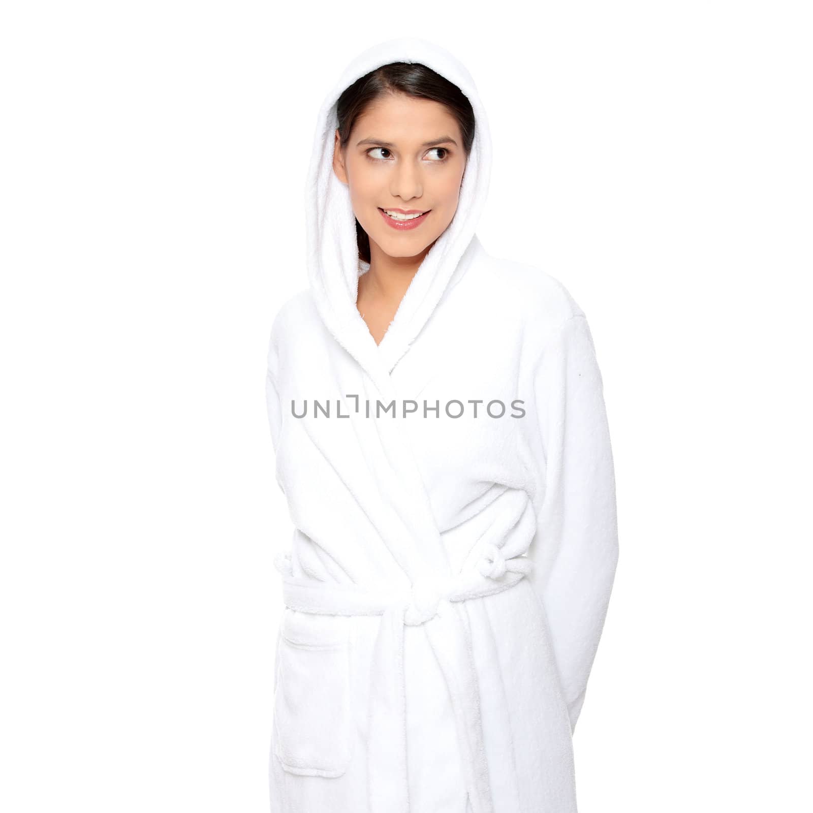 Young beautiful happy woman in bathrobe by BDS