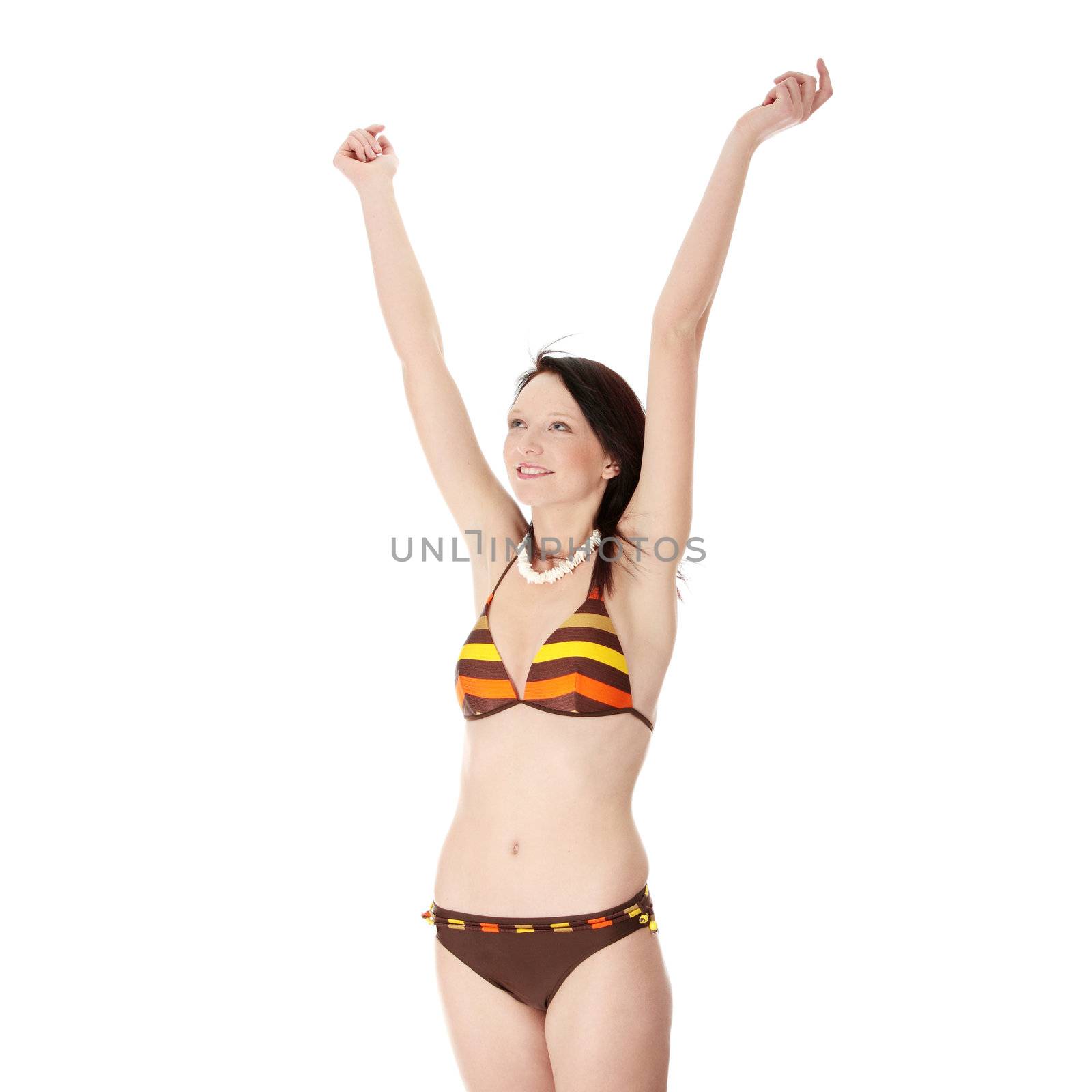 Summer young woman in bikini, isolated on white background