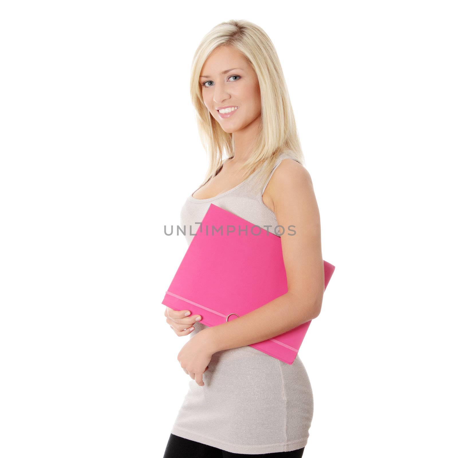 Happy student girl isolated on white background