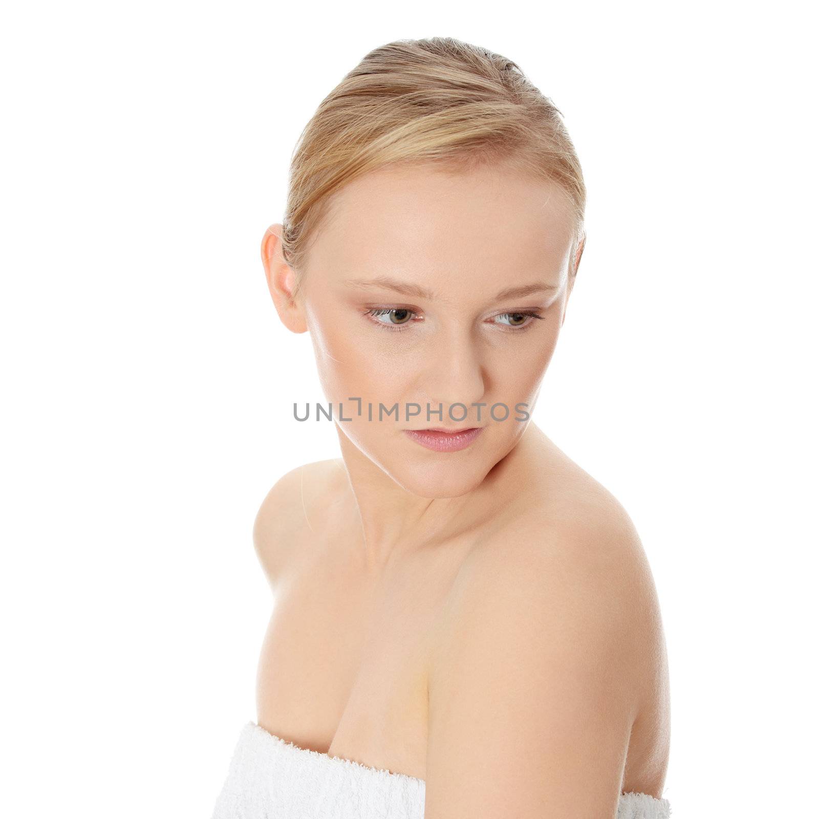 Young beautiful woman after bath isolated on white