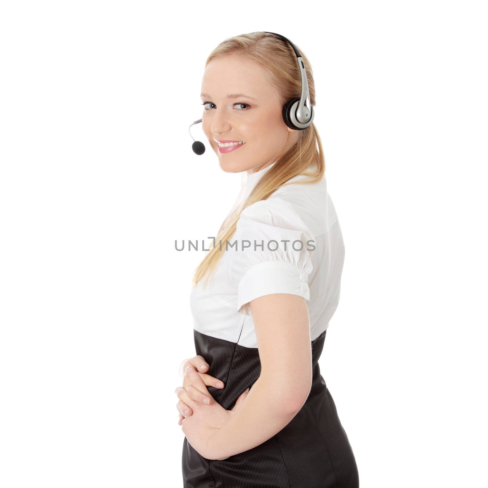 Call center woman with headset. Isolated on white