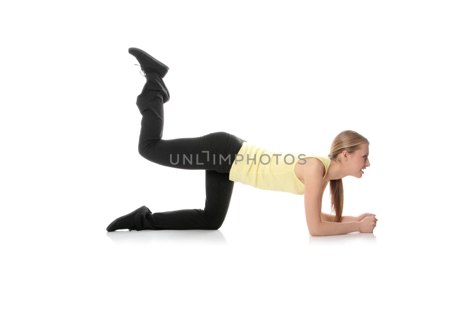 Young woman doing exercise , isolated on white
