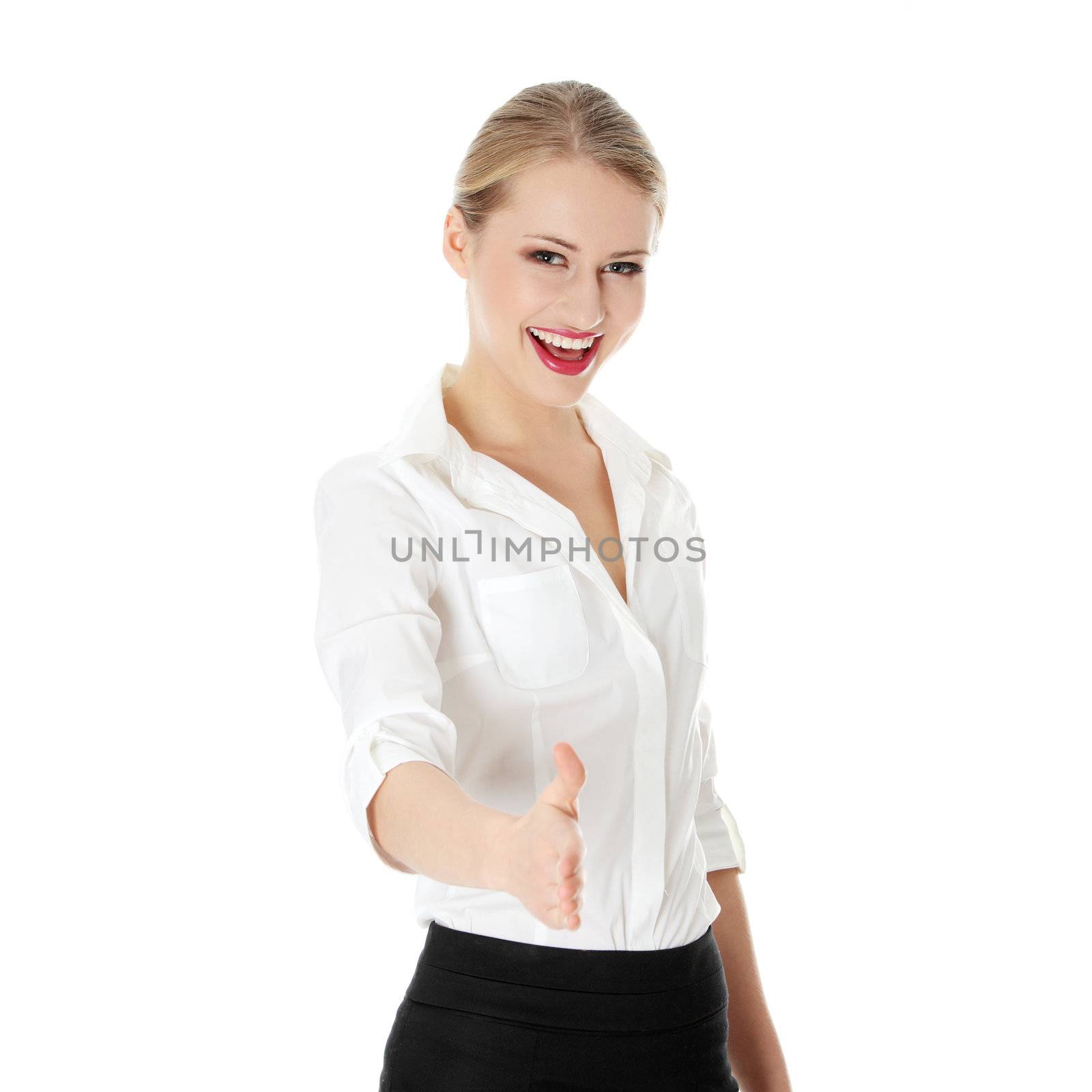 Business woman extend hand over white background