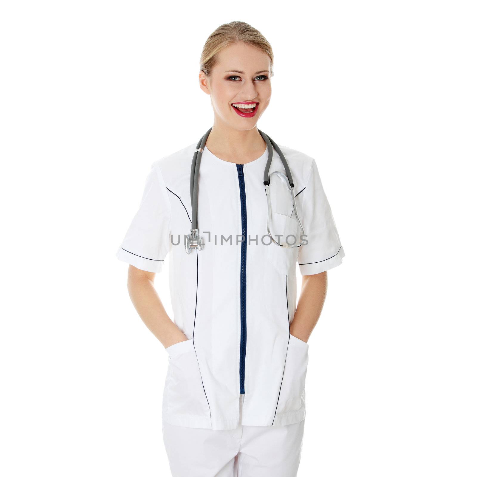 Female doctor or nurse, isolated on white