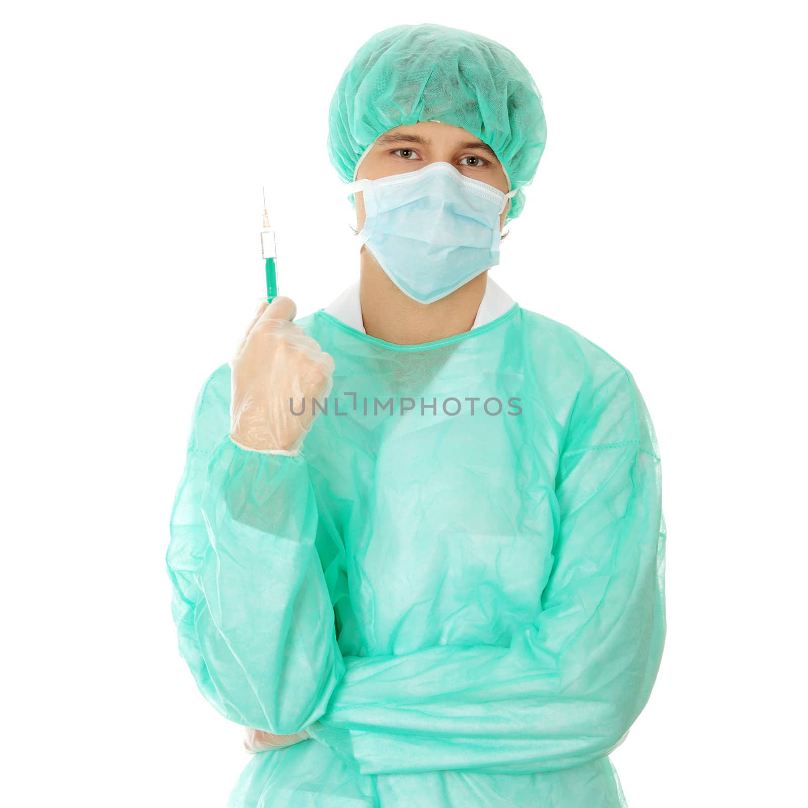 Handsome young doctor (surgeon) holding syringe, isolated on white background