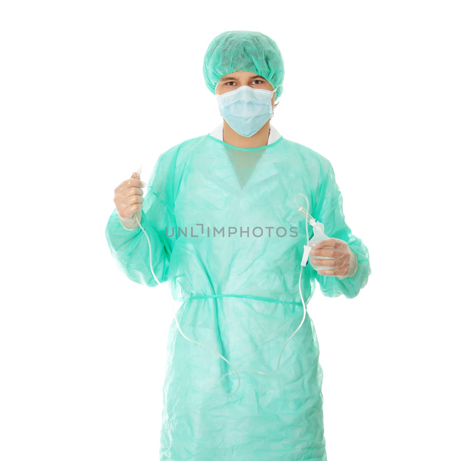 Handsome young doctor (surgeon) holding drip, isolated on white background