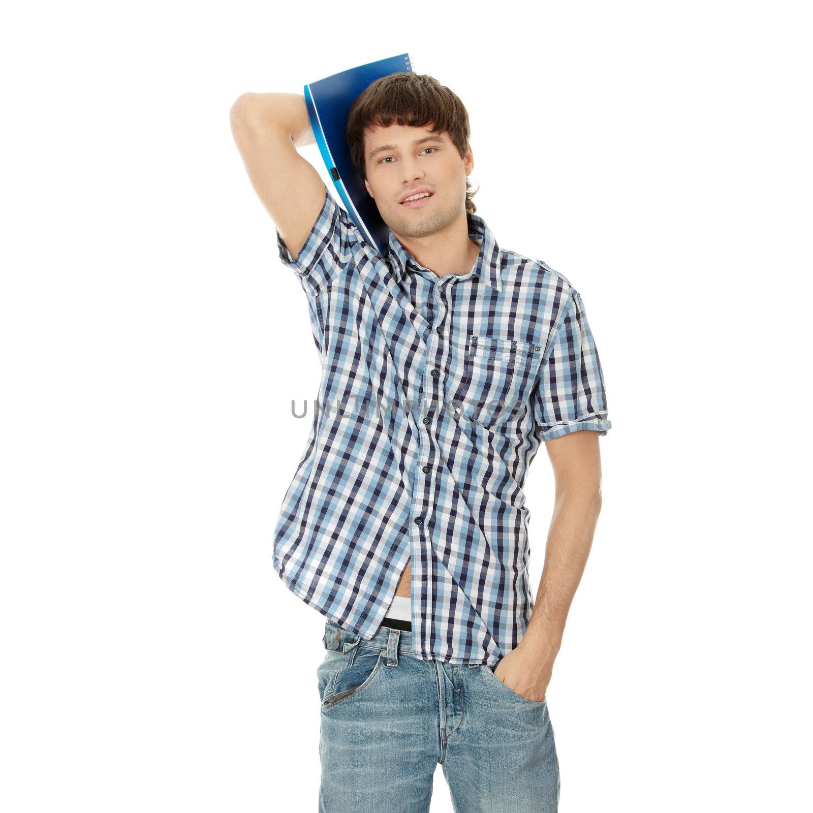 Young student man with notebook,isolated on a white background
