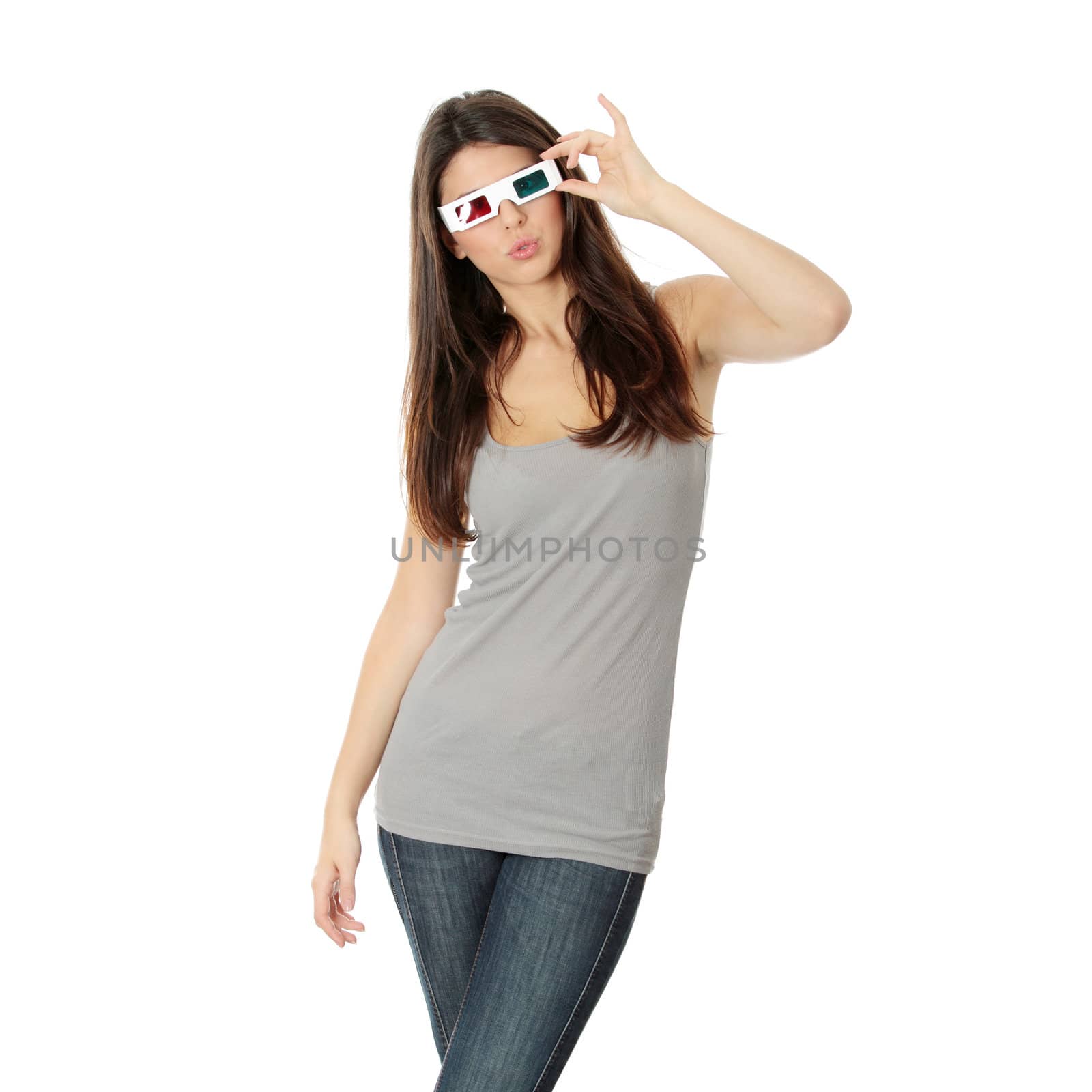 Young beautiful woman with 3d glasses, isolated on white