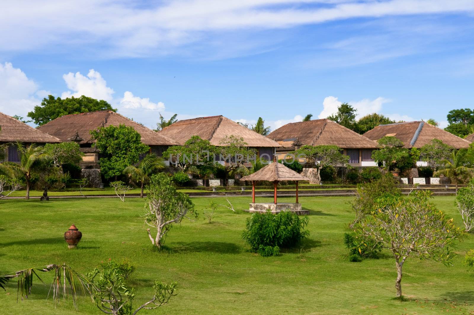 Villas and hut in green field of India