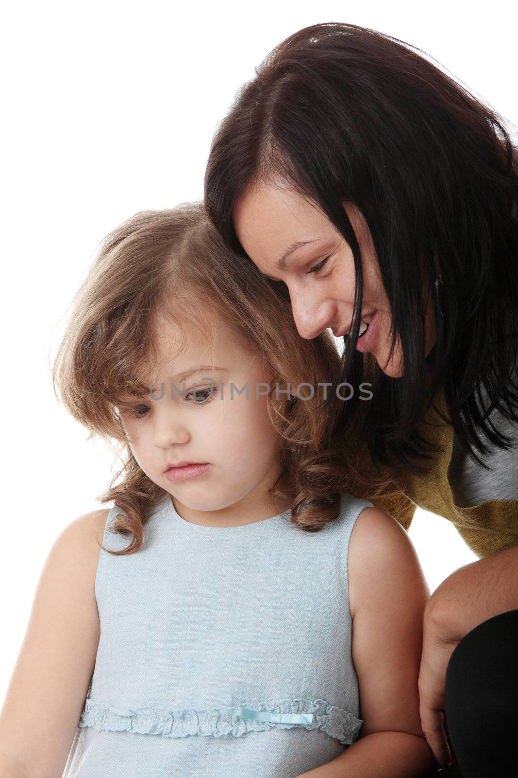 Portrait of a 5 year old girl with mum isolated on white background