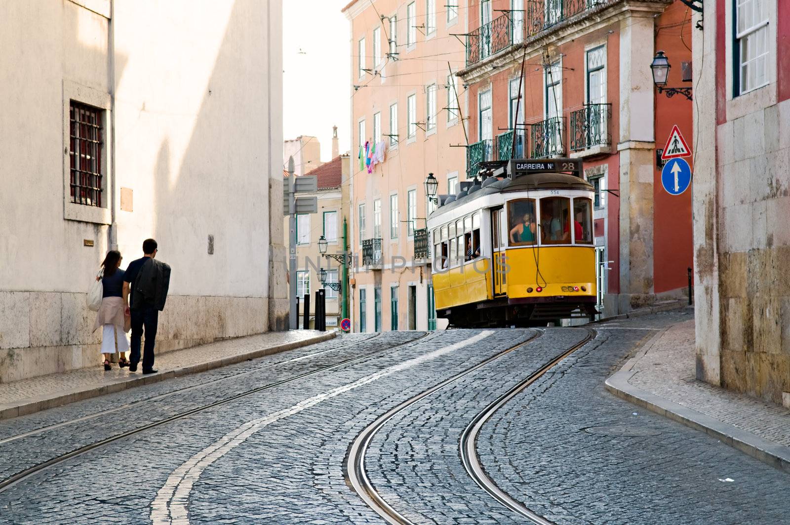 Typical Tram in Commerce Square, Lisbon, Portugal