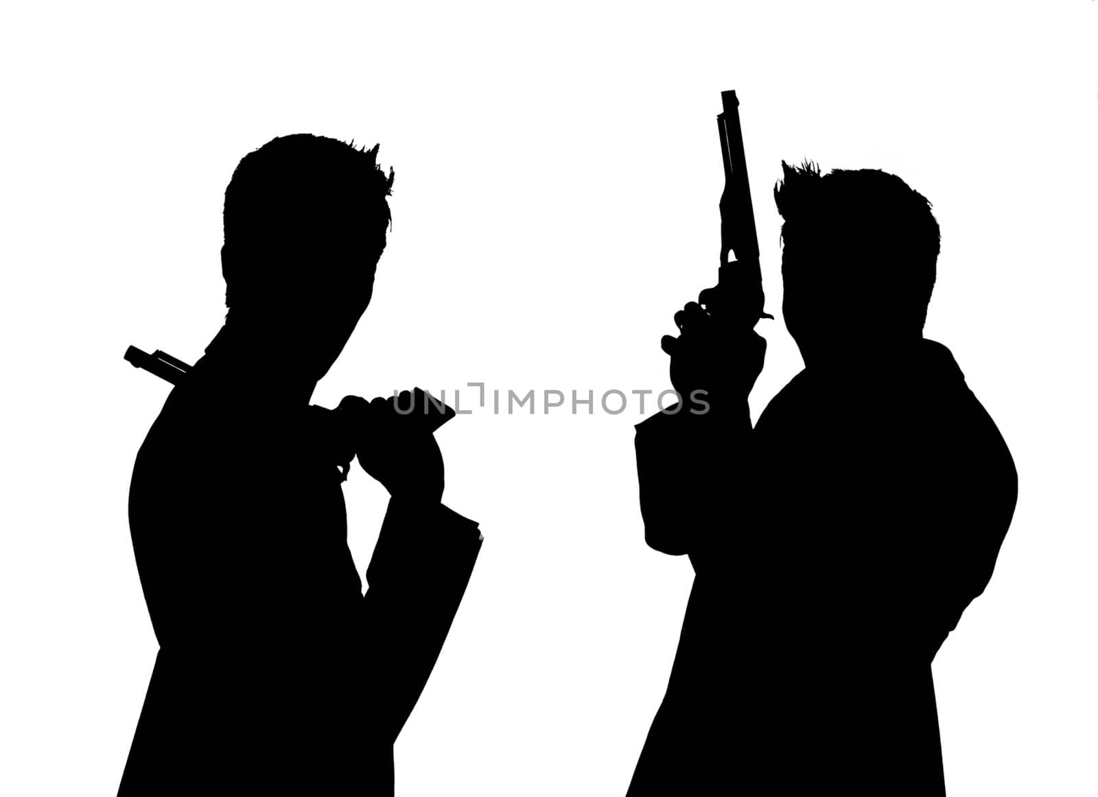 silhouette of pair of men with pistols isolated on white background