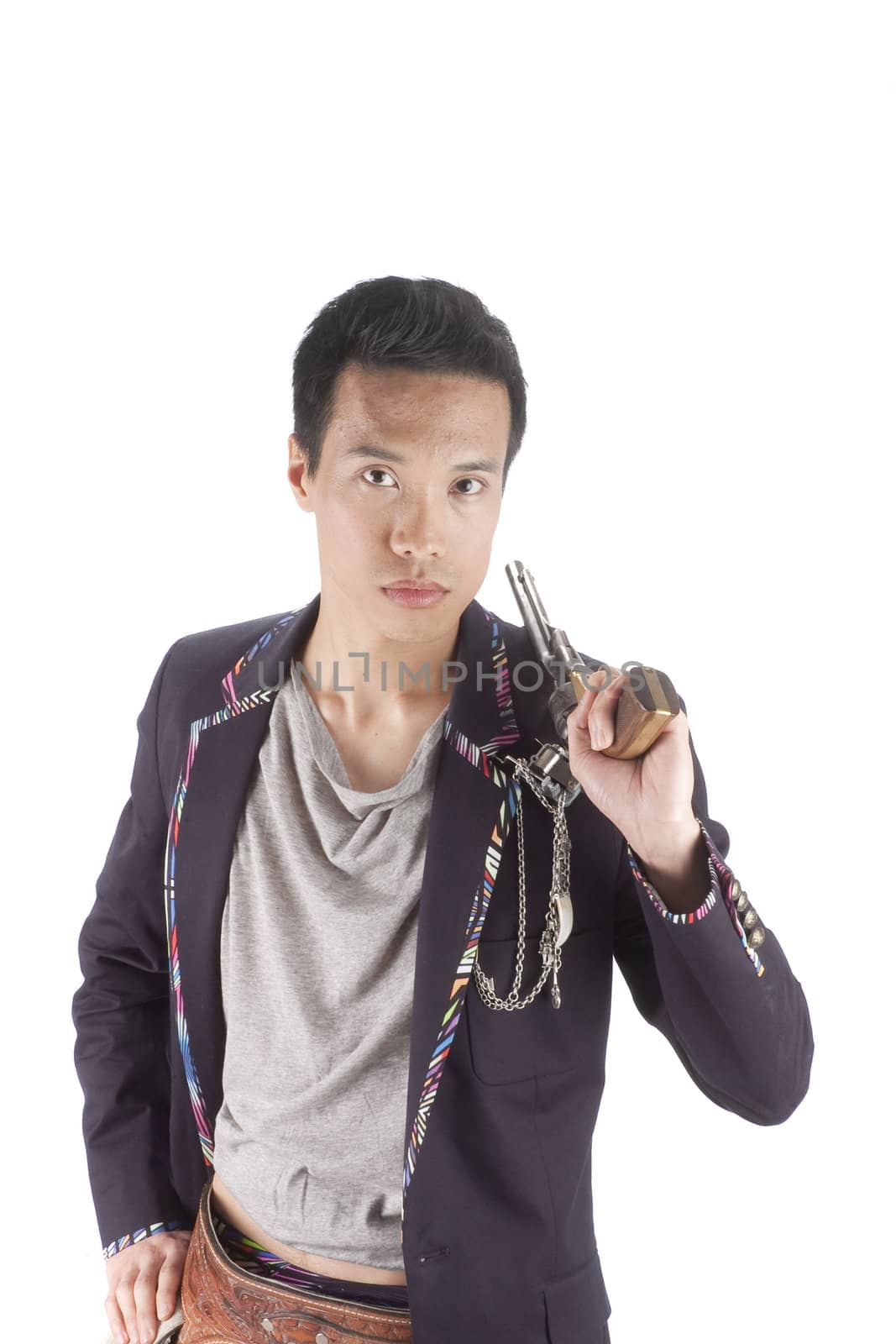 young Asian man with a gun, isolated over white