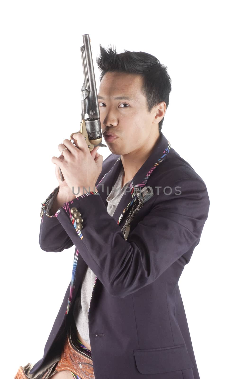 young Asian man with a gun, isolated over white