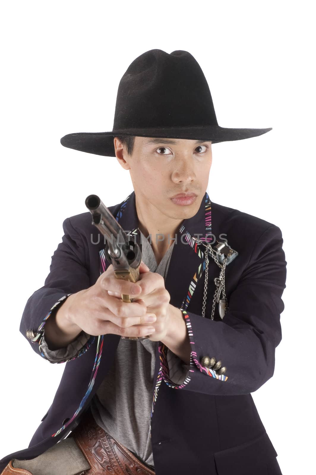 young asian man with a cowboy hat on and a pistol in his hand