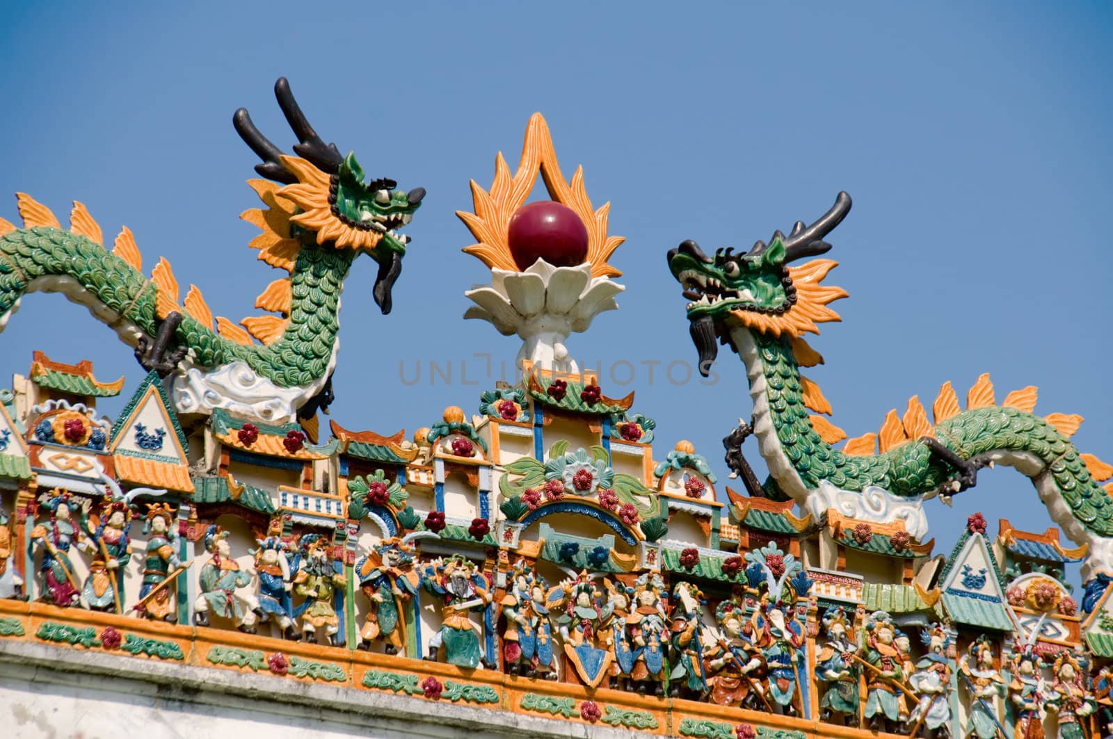 The carving of figurines on roof of Chinese temple