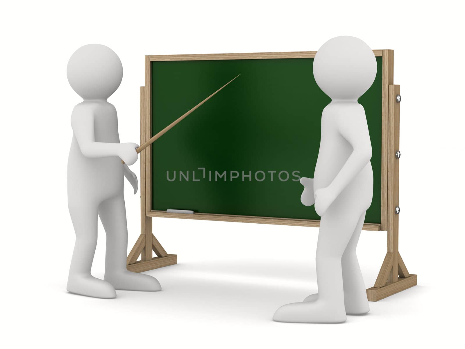 teacher with pointer at blackboard. Isolated 3D image