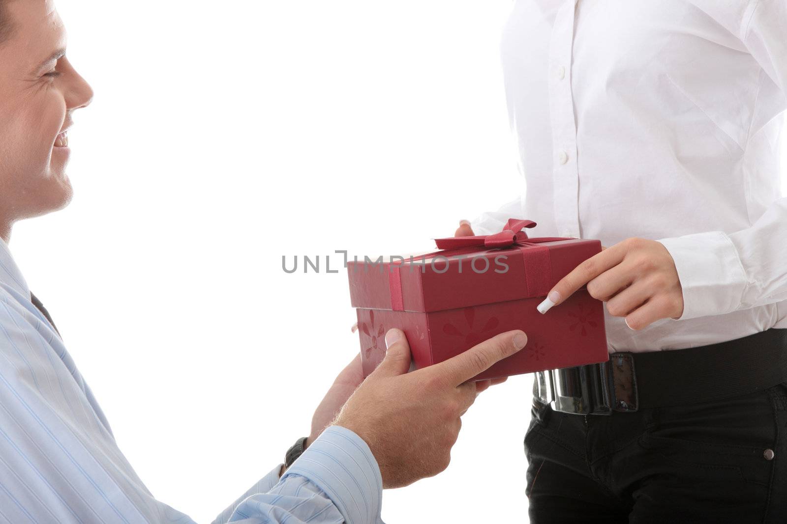 Business man offering a gift to a woman, isolated on white