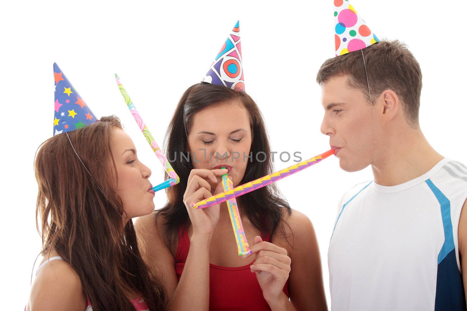 Happy three friends, isolated on white