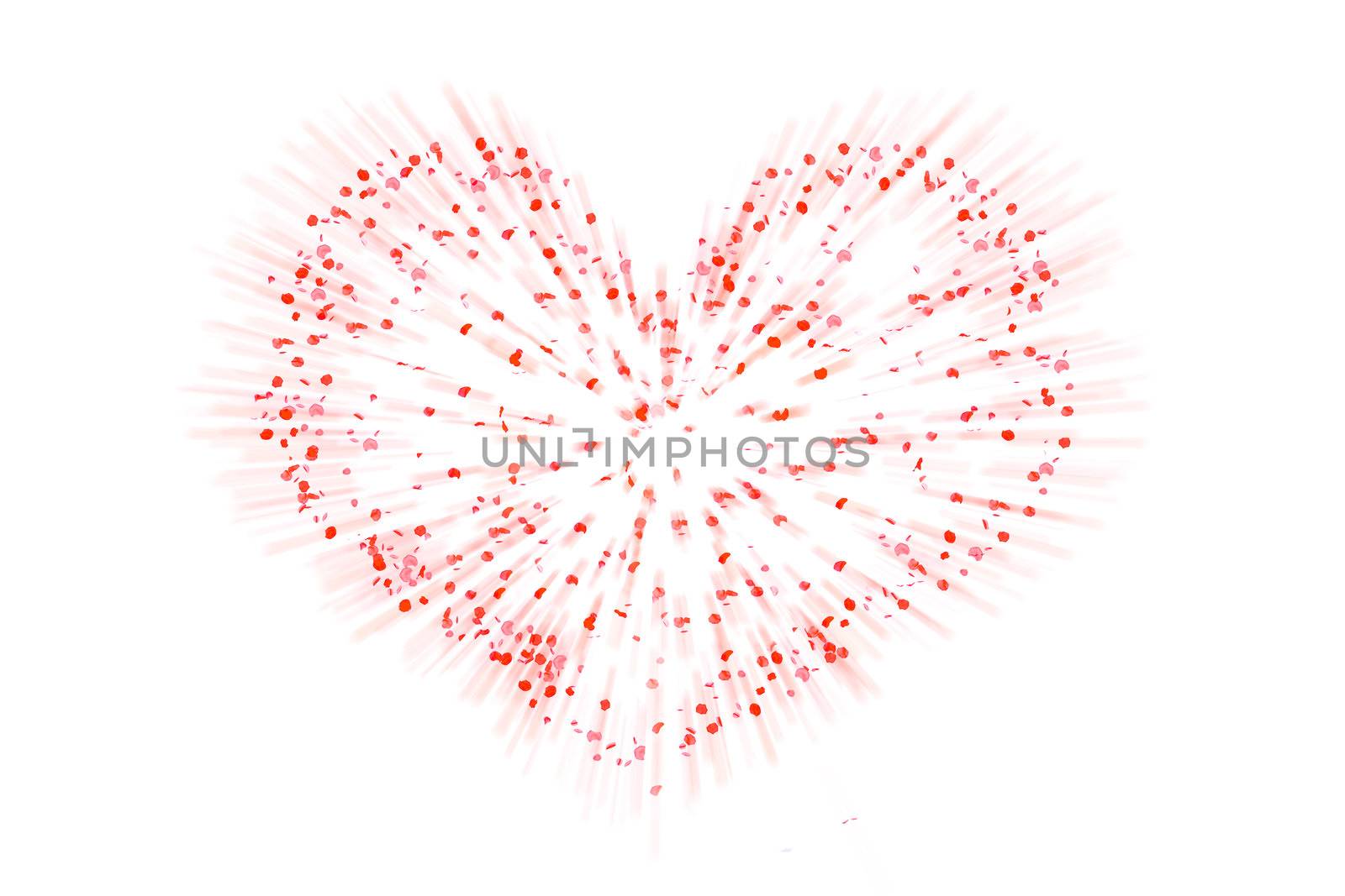 Abstract heart shaped background made of flying rose petals