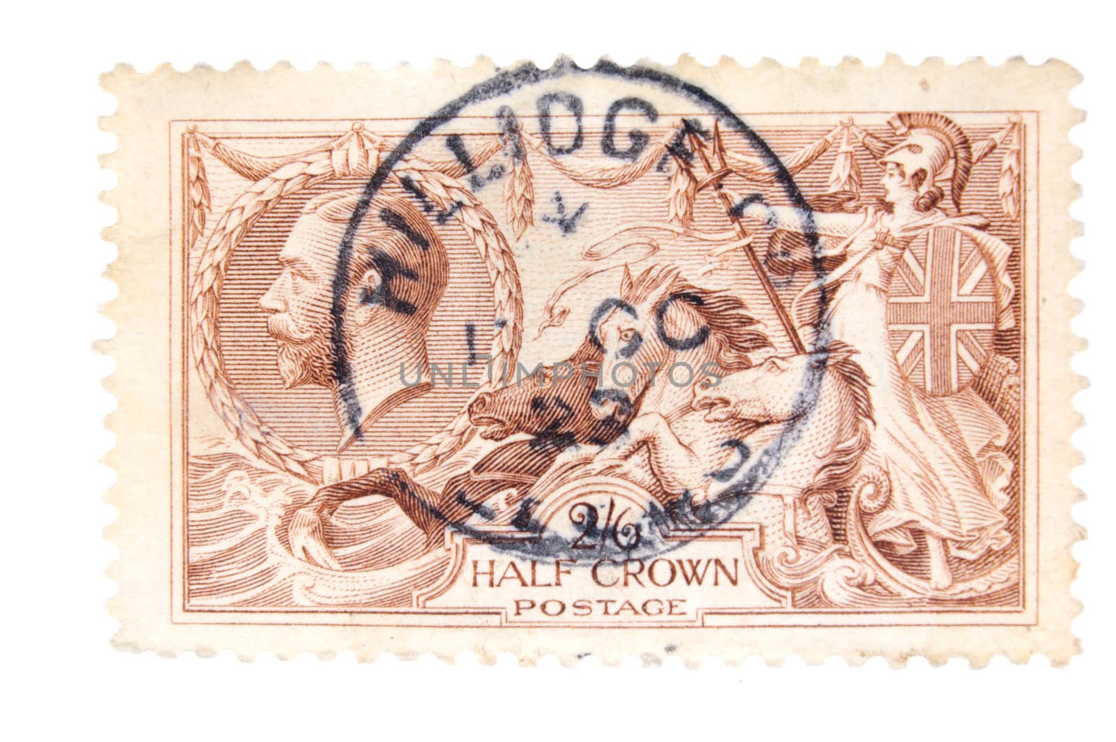Canada - Circa 1930 : A vintage English postage stamp image of Britannia on chariot with horses and inset of King George value Half Crown, series circa 1929