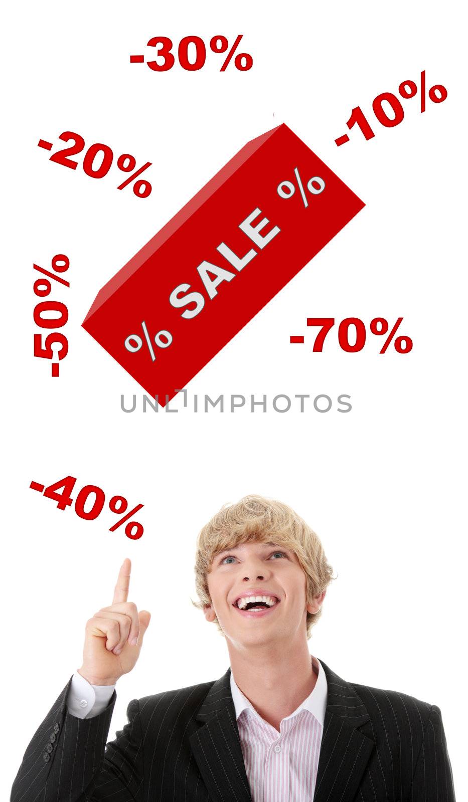 Young man amazed becouse of sale, isolated on white