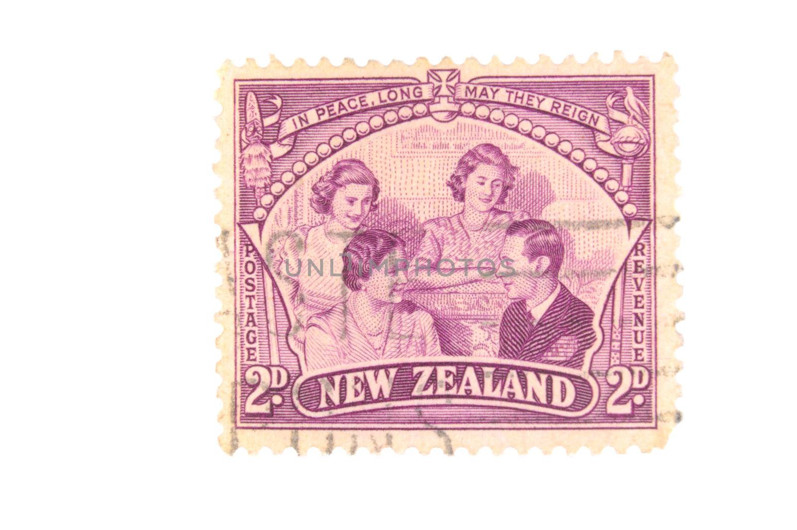 Canada - Circa 1948 : A vintage New Zealand postage stamp image of King George, Queen, Princesses Elizabeth and Margaret value of 2 pence, series circa 1948