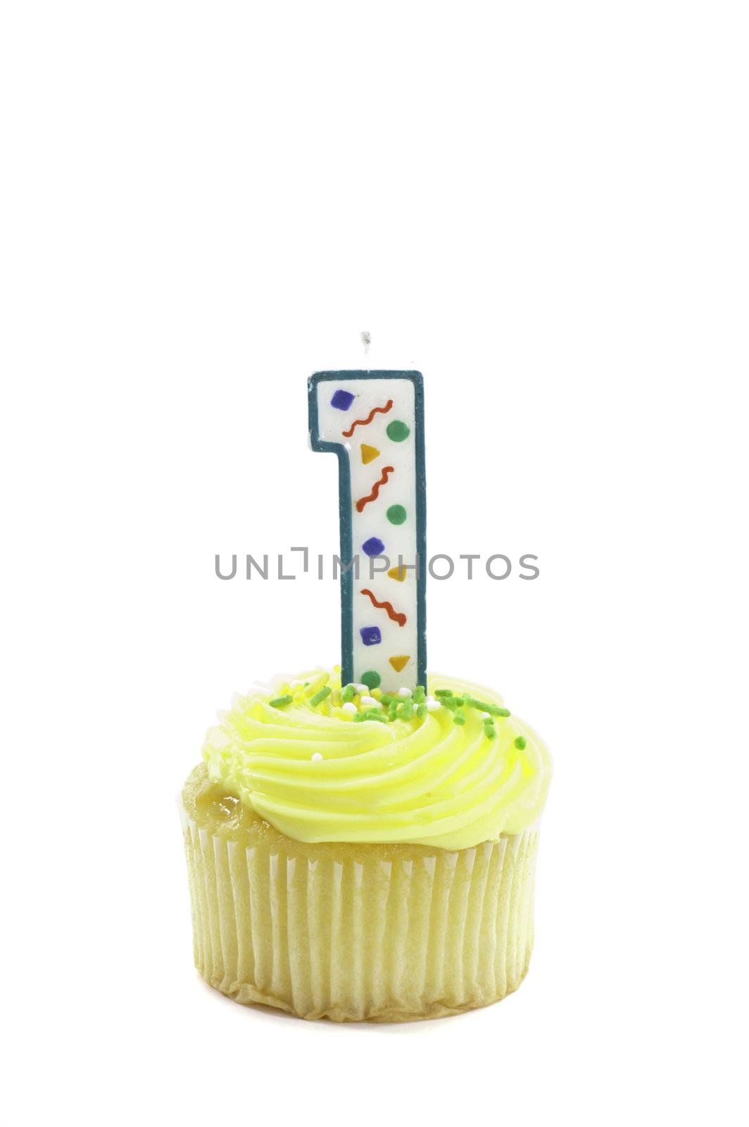 cupcake, isolated on white with a decorative candle in the shape of a number one and a lighter to light the candle