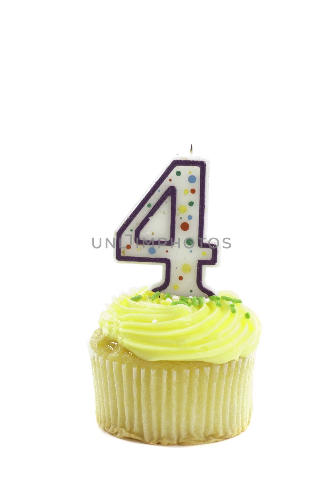 cupcake, isolated on white with a decorative candle in the shape of a number four
