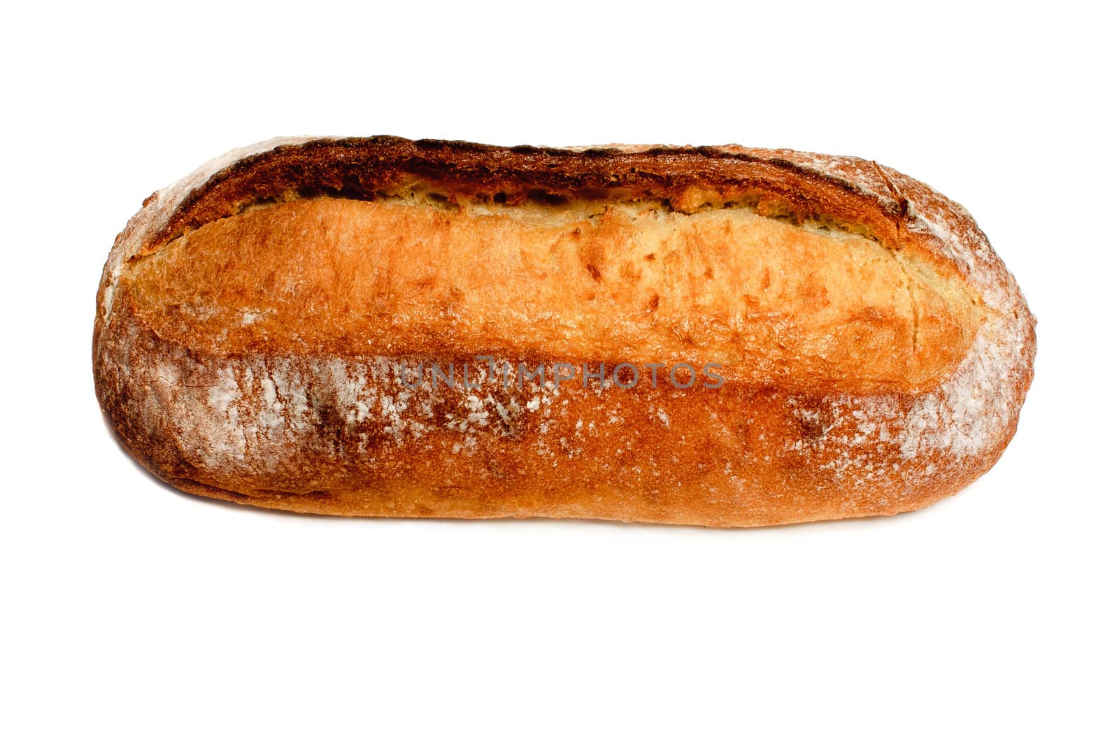 loaf of bread with a knife on a cutting board isolated on a white background