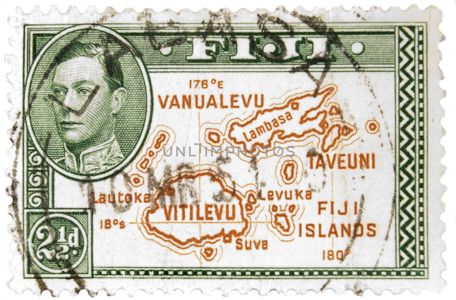 Fiji - Circa 1950 : A vintage Fijian postage stamp image of a map of the islands with inset of King George and a face value of 2 1/2 pence, series circa 1940