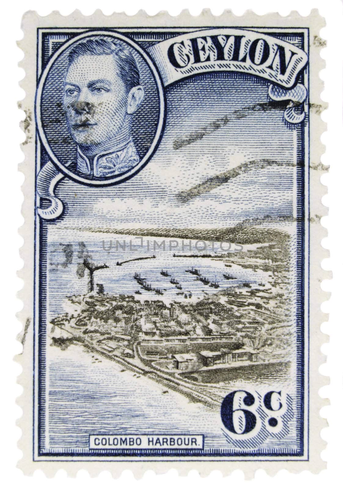 Ceylon - Circa 1950 : A vintage Ceylonese postage stamp image of a harbour and an inset of King George, with inscription of "Colombo Harbour" value of 6 cents, series circa 1950
