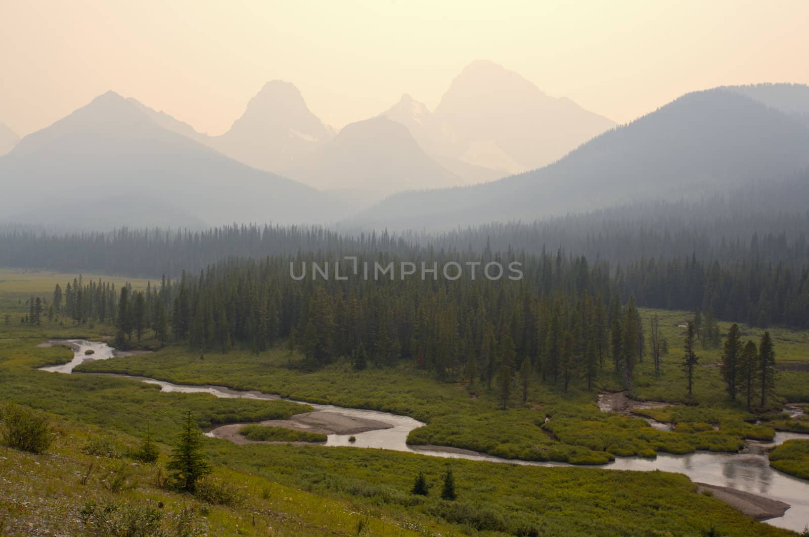 Forest fire smoke in the Rocky Mountains of Alberta, Canada
