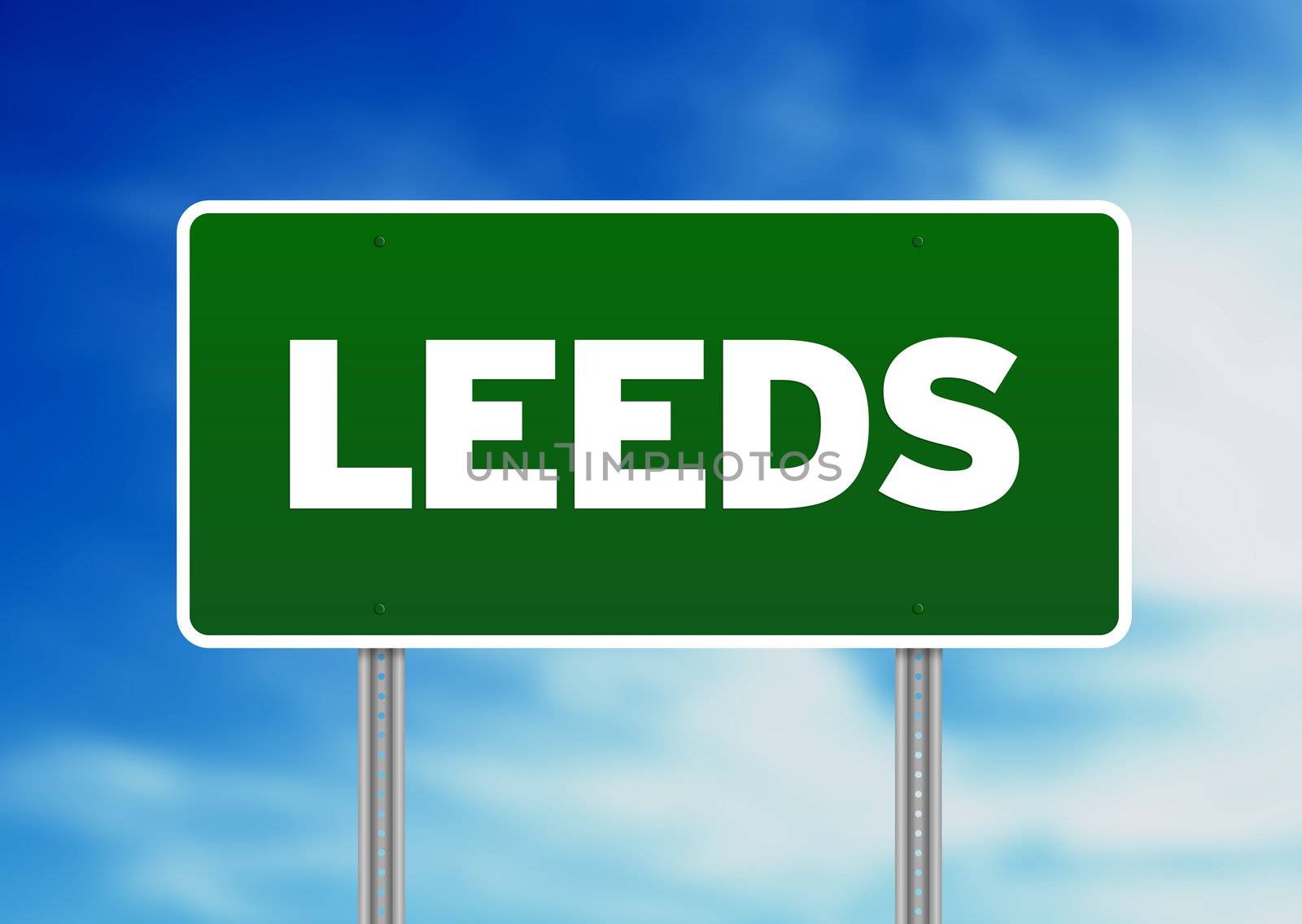 Green Leeds, England highway sign on Cloud Background.