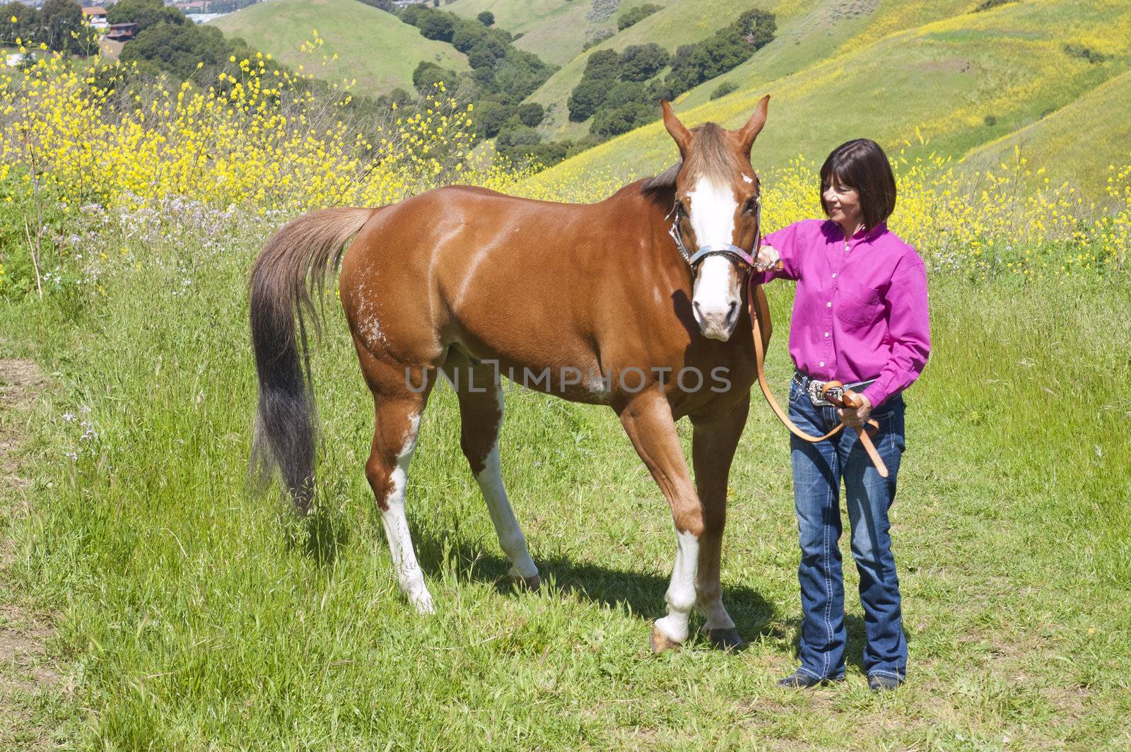 Attractive woman in the countryside with her horse